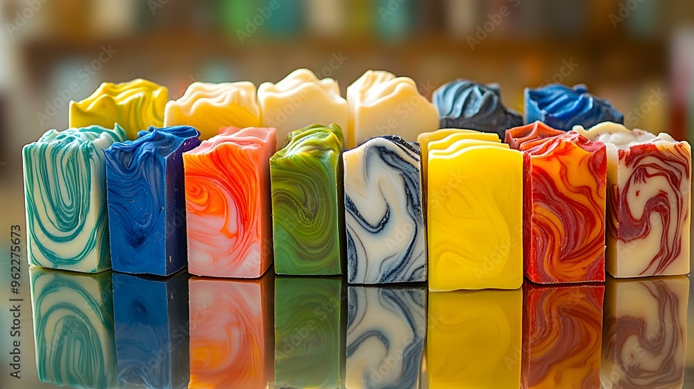 Poster colorful soap bars artfully arranged, showcasing a variety of shapes and textures, creating an invit