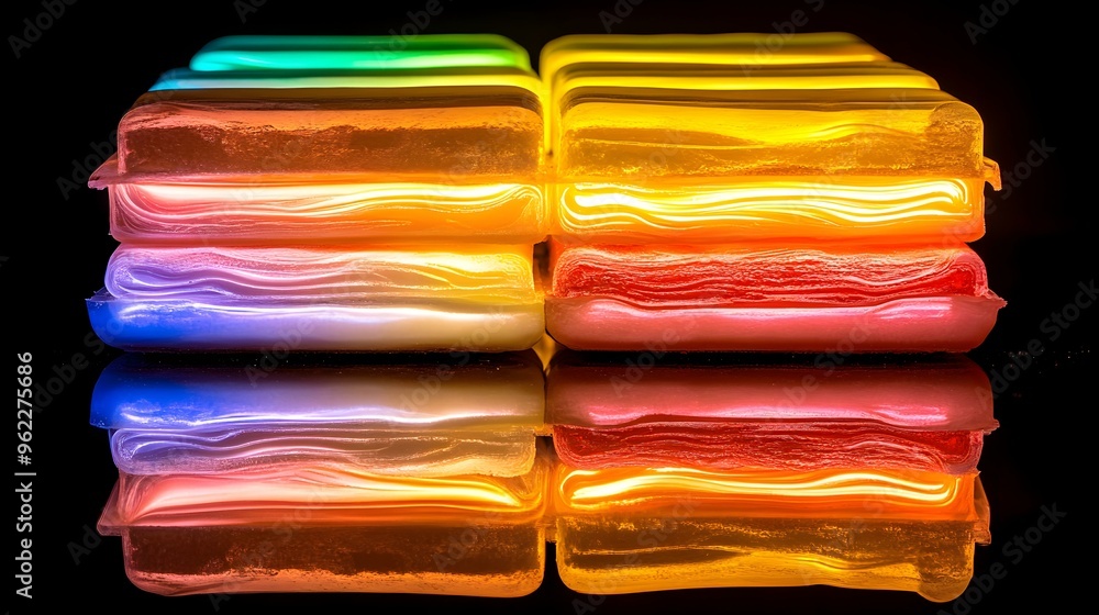 Poster colorful soap bars arranged artistically, showcasing a vibrant palette and unique shapes, creating a