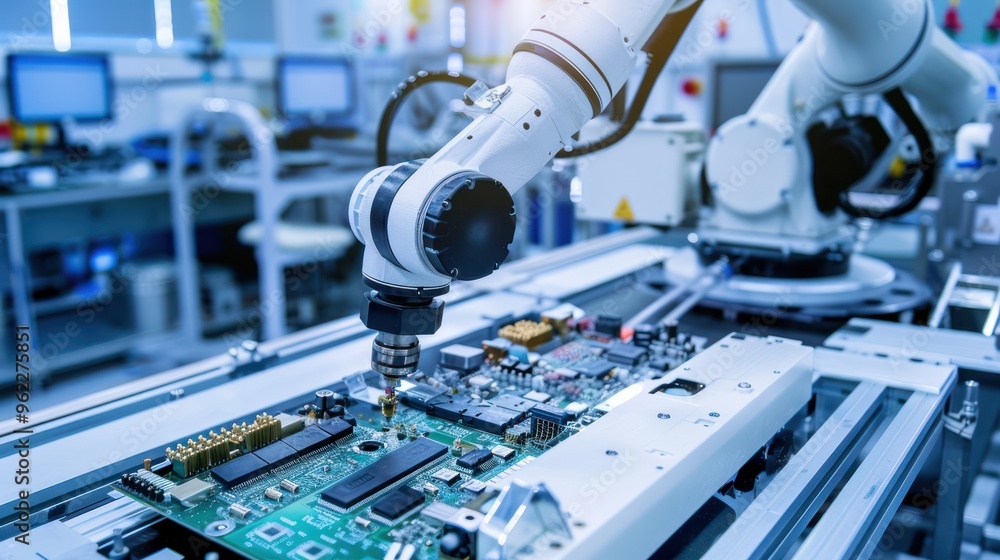 Poster automated assembly line: robot arm assembling electronic circuit board