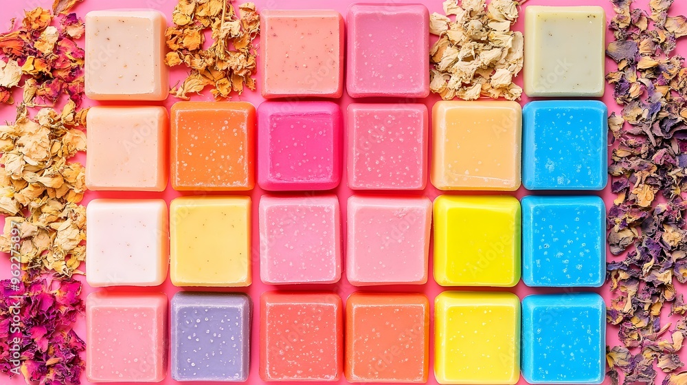 Poster colorful soap symphony, a vibrant arrangement of assorted soap bars showcasing an array of hues and 