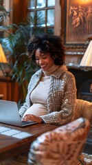 Pregnant Woman Working Laptop Cozy Ambiance Home Office Inspiration. AI Generated