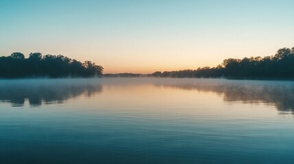 Fototapeta premium A serene landscape with trees framing a mystical foggy sky, as the sun sets in the backdrop