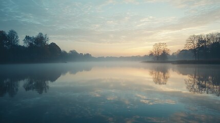 Fototapeta premium A serene lake surrounded by majestic trees and a backdrop of fluffy clouds in the sky