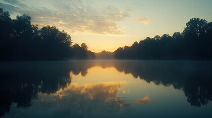   Water with trees and sunset at center surrounded by clouds in the sky