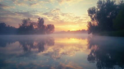   Water surrounded by trees on a foggy day with sun shining through clouds and reflecting in water