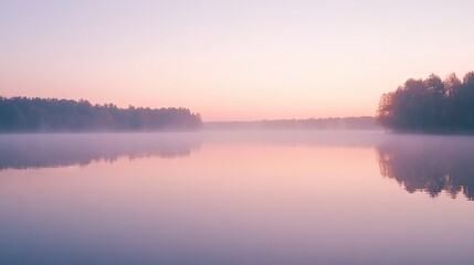 Fototapeta premium A dense forest enveloped in fog surrounds a serene body of water