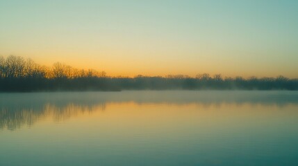 Fototapeta premium A tranquil water body surrounded by lush green trees and a misty sky, adorned with scattered clouds in the foreground