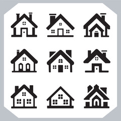 Black silhouettes of houses and cottages, home property logo set package, home button, residential building, country cottage, apartment vector illustrations.