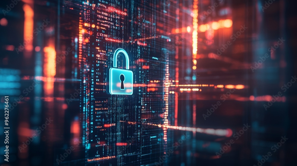 Poster Blue and red neon lock icon with encrypted code in a digital matrix. Represents cyber security and data protection.
