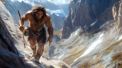 Denisovan climbing mountain with spear, realistic depiction of ancient human survival
