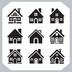 Black silhouettes of houses and cottages, home property logo set package, home button, residential building, country cottage, apartment vector illustrations.