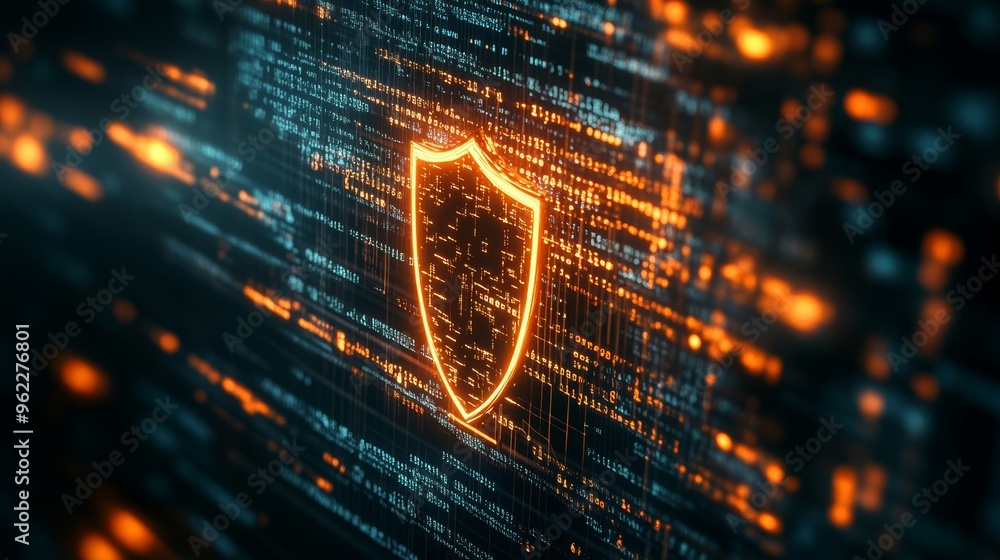 Poster Close-up of a glowing digital shield icon on a circuit board, symbolizing advanced cybersecurity measures and digital protection. Ideal for network security concepts and data defense.