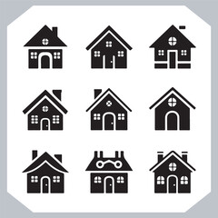 Black silhouettes of houses and cottages, home property logo set package, home button, residential building, country cottage, apartment vector illustrations.