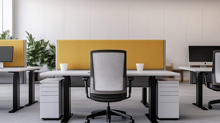 Co-working area with adjustable desks, ergonomic chairs, and acoustic panels, ensuring comfort and minimizing distractions