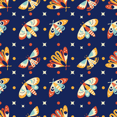 Whimsical dark print. Bright boho midnight concept. Bohemian romantic pattern with mystic moth