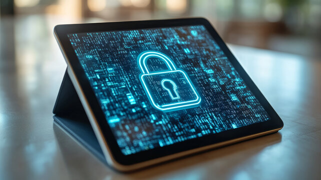 Tablet displaying a digital padlock, representing cybersecurity.