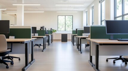 Co-working space with standing desks, natural light, and soundproof booths, designed for productivity and innovation
