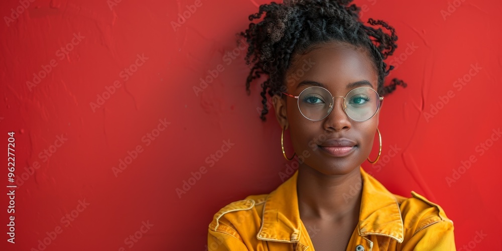 Sticker Serious young African woman with curly hair and glasses, posing confidently in a studio setting, with a stylish, natural look.