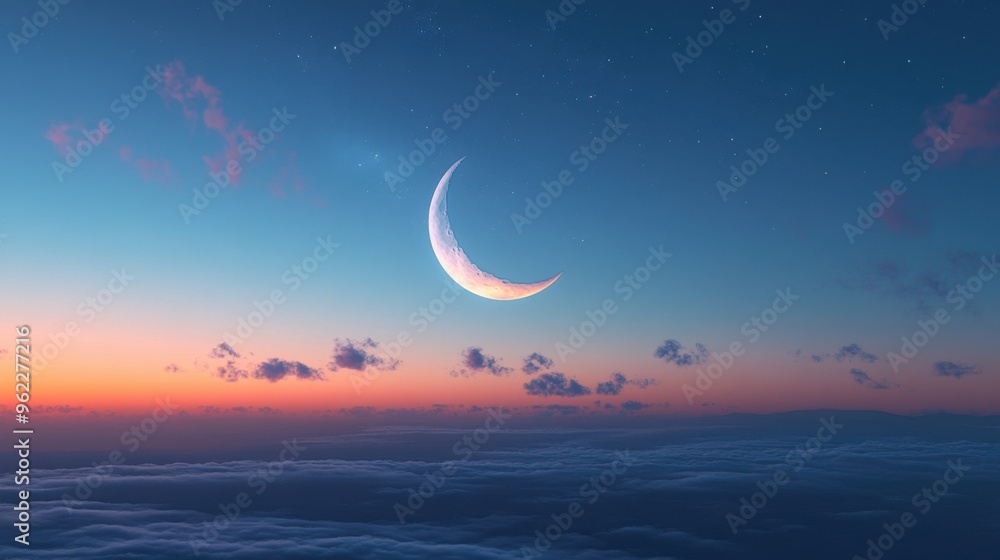 Wall mural a serene image of a crescent moon hanging in a twilight sky