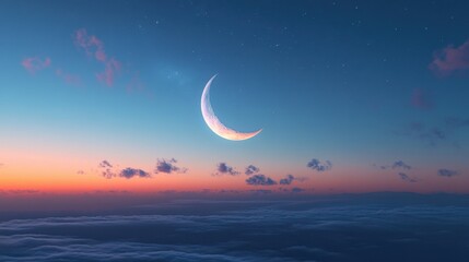 A serene image of a crescent moon hanging in a twilight sky