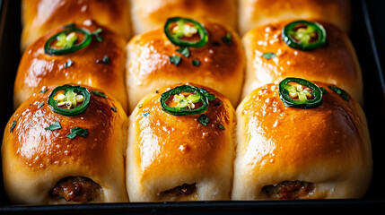 Texas Kolache with Jalapeño Sausage and Cheese on a Baking Tray