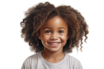Young black girl smiling on transparent background. PNG cut out. Vector. Childhood themes. African girl. Afro-American girl. Image for graphic designer. Image for flyers.