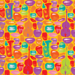 Seamless pattern with colored lips that smile and show tongue and white teeth and double bass with trumpet. Bright vector background with laughing, surprised, excited, angry, singing