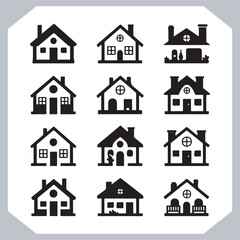 Black silhouettes of houses and cottages, home property logo set package, home button, residential building, country cottage, apartment vector illustrations.