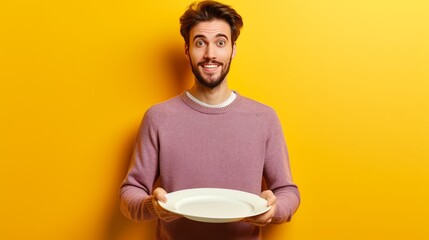 A cheerful young man with a big smile holds an empty plate against a bright yellow background. His casual attire and joyful expression convey a light-hearted, optimistic mood, perfect for themes of