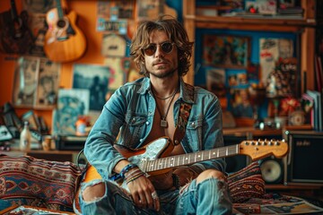 Obraz premium Handsome young guitarist enjoying a sunny day outdoors, playing his acoustic guitar with a relaxed and stylish vibe.