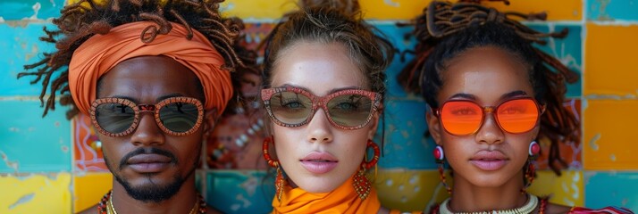 Obraz premium Elegant young woman with trendy sunglasses and bright red lipstick, posing stylishly on a sunny day.