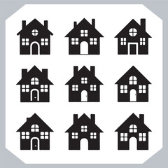Black silhouettes of houses and cottages, home property logo set package, home button, residential building, country cottage, apartment vector illustrations.