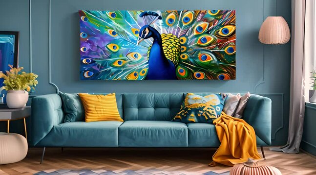 Abstract Peacock Art Print on Canvas, Vibrant Colors, Modern Living Room Decor