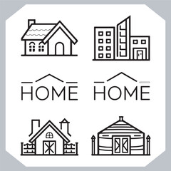 Black silhouettes of houses and cottages, home property logo set package, home button, residential building, country cottage, apartment vector illustrations.