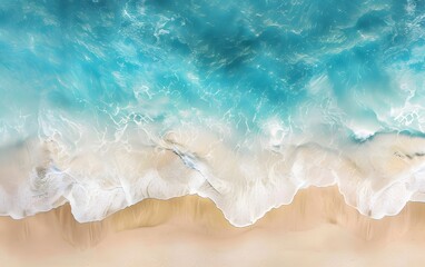 Obraz premium An aerial view of a scenic beach with azure blue water and soft, rolling waves merging with a smooth sandy beach. 