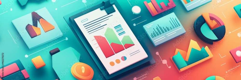 Poster minimalist 3d business report with floating graphs and charts in pastel tones. concept of financial 