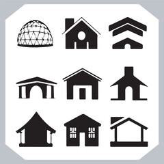Black silhouettes of houses and cottages, home property logo set package, home button, residential building, country cottage, apartment vector illustrations.