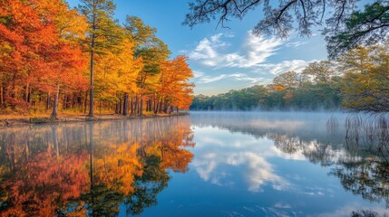 A serene autumn morning at a Texas lake