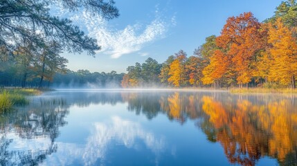 A serene autumn morning at a lake