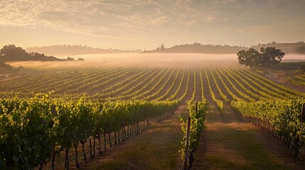 Fototapeta premium A foggy vineyard at sunrise, with sunlight filtering through the trees and casting a warm glow on the vines below