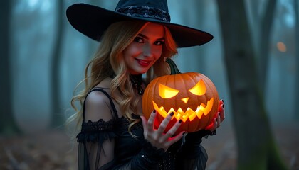 woman wearing a Halloween costume and holding a Jack-o'-lantern