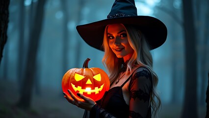 Fototapeta premium woman wearing a Halloween costume and holding a Jack-o'-lantern