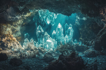 A Hidden Underwater Cave Shimmers with Sparkling Crystal Formations, Bathed in an Eerie, Mystical Light