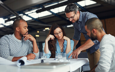 People, architecture and meeting at tablet for planning, feedback or project management. Team,...