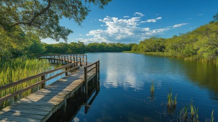 Fototapeta premium A scenic view of a Florida lake with a boardwalk winding through wetlands and mangroves