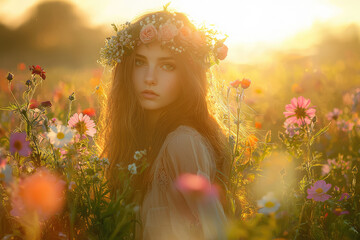 Golden Hour Grace: A girl with a flower crown, bathed in the warm glow of sunset, stands amidst a field of blooming beauty.