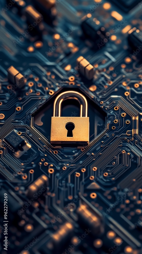 Aufkleber Golden padlock on a circuit board representing cybersecurity and data protection. Concept of securing digital information.