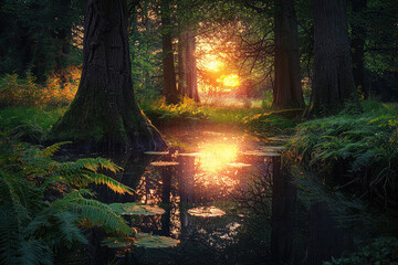 Obraz premium Golden Light Bathes a Tranquil Forest Pond, Reflecting the Sun's Warm Glow Through Ancient Trees.