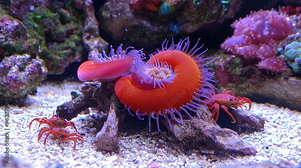 Sticker   An orange and purple anemone sits on a rock in an aquarium filled with vibrant corals