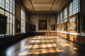 Sunbeams Dance Through an Empty Gallery, Illuminating a Collection of Framed Portraits.